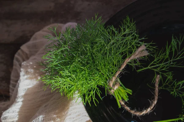 Bunch Fresh Green Dill Table Black Aesthetic — Stock Photo, Image