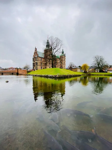 Castillo Rosenborg Reflejo Lago Lleno Peces — Foto de Stock