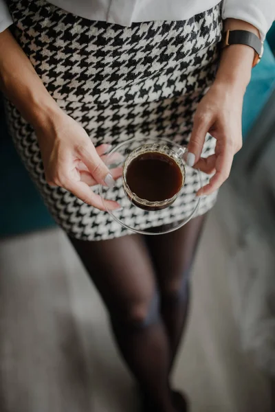 Woman Work Outfit Holding Cup Freshly Made Coffee — Stock fotografie