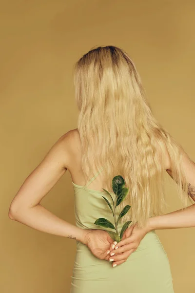 Blond Sproeten Vrouw Natuurlijke Make Holding Bladeren — Stockfoto