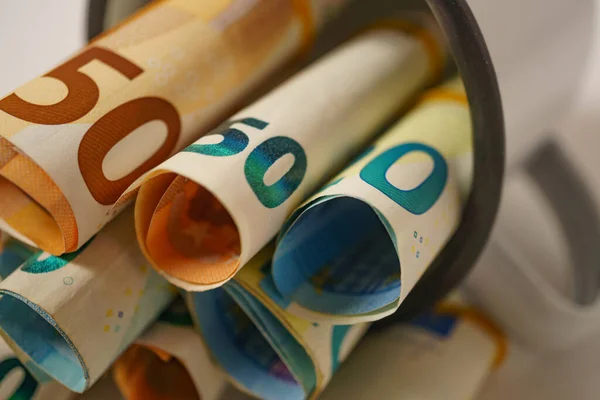 Rolled Euro Banknotes Stuffed White Cup — Stock Photo, Image