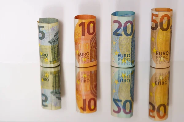 Rolled Euro Banknotes Reflected Mirror Copy Space — Stok fotoğraf
