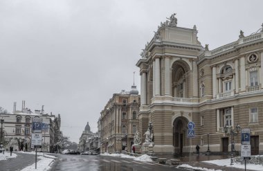 Odessa, Ukraine 29.01.2023. Opera theater in Odessa, Ukraine, on a gloomy winter day