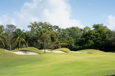 Meksika 'da tropikal bitkilerle çevrili bir golf sahasının panoramik manzarası.