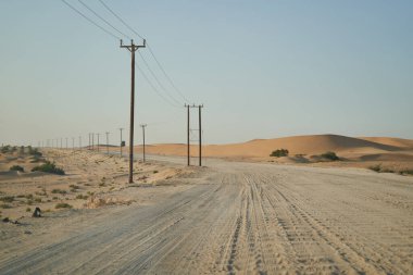 Road along power lines in the desert at sunset.