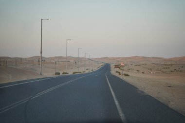 Asphalt road among the desert with traffic signs.