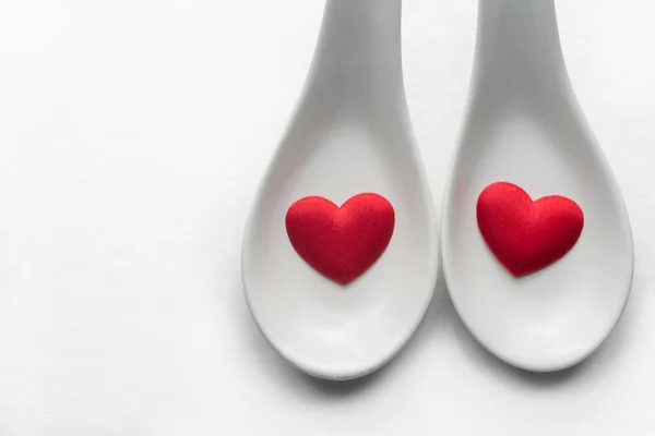 Red Heart Shapes White Spoons Copy Space Text Design — Stock Photo, Image