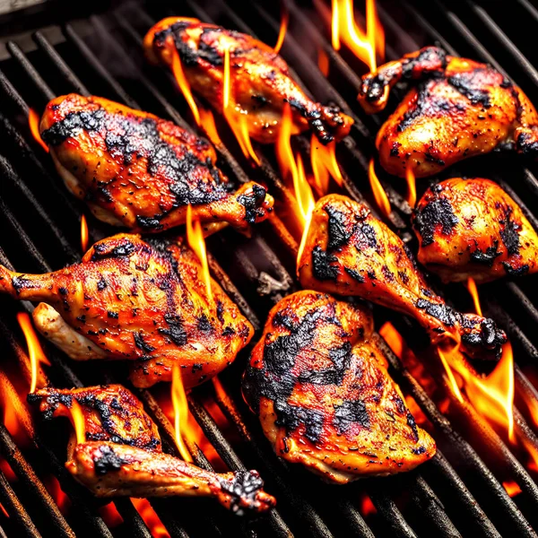 美味的鸡腿和翅膀在烧烤与火火焰 — 图库照片