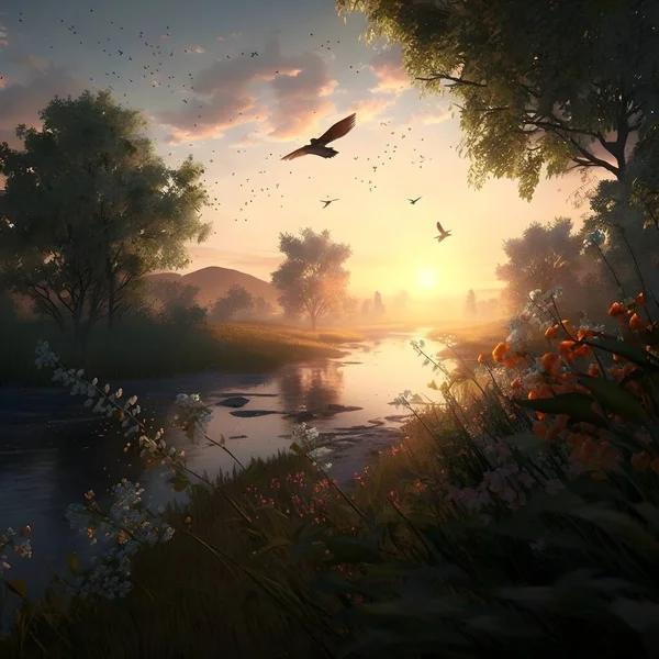 Landscape River Birds Flowers — ストック写真