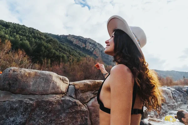 Woman Swimsuit Hat Natural Hot Springs Nature — Stock Photo, Image