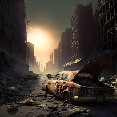 a car in the post apocalyptic city