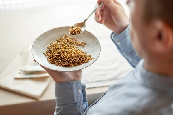 Meal Worm Foods Man Eating Worms Table — Stock Photo, Image