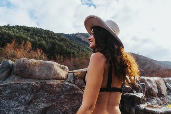 Woman Swimsuit Hat Natural Hot Springs Nature — Stock Photo, Image