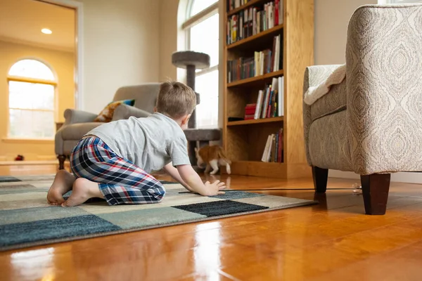 Playful Boy Crouches Down on Living Room Floor as Cat Walks Away
