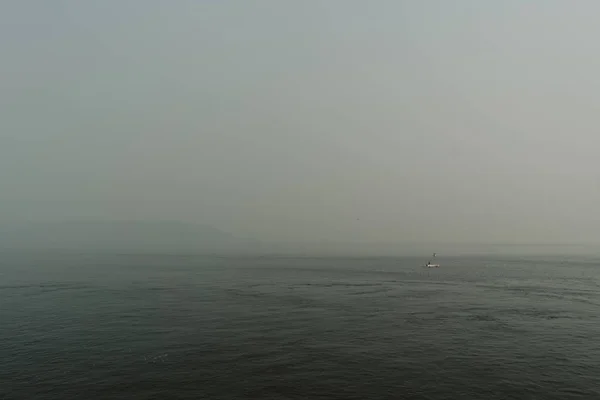 Two Small Fishing Boats Wildfire Smoke Filled Puget Sound — Stock Photo, Image