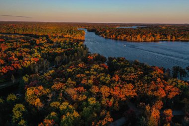 Aerial view of Legend Lake in Menominee County, Wisconsin. Legend Lake is a 1304 acre lake it has a maximum depth of 74 feet. Fish include Largemouth Bass and Northern Pike.