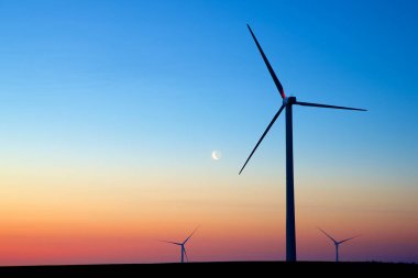 Silhouettes of a group of wind turbines at sunrise.