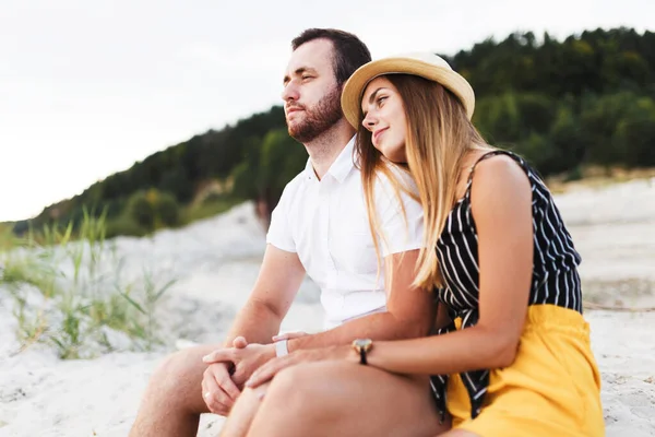 Couple Love Laughing Sitting Sandy Beach Vacation — Stockfoto