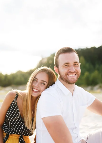 Young Couple Love Sitting Sandy Beach Vacation — Stockfoto