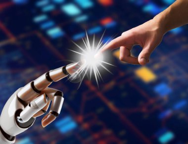 Robot bir el insan elini işaret ediyor. Yapay zeka kavramı.