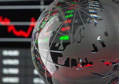 Finansal Piyasalar, veri ve grafikleri yansıtan dünya küresi.