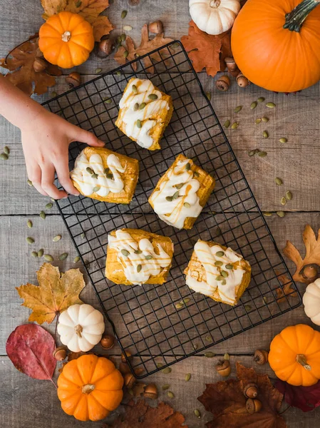 Overhead View Hand Taking Pumpkin Scone Cooling Rack — Stock Photo, Image