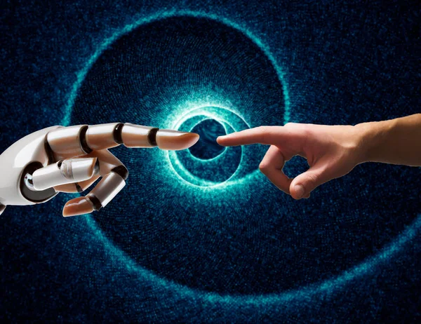 A robot hand points to a human hand. Artificial intelligence concept.