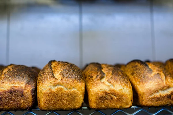 Полке Проволоки Выстроены Золотые Свежеиспеченные Хлебы — стоковое фото