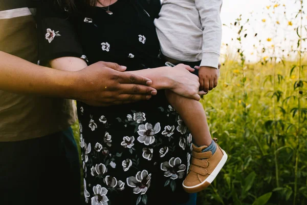 Pregnant Mom Holds Toddler Dad Outdoor Flower Field — Stock Photo, Image