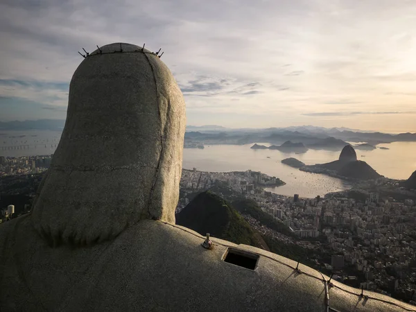 Prachtige Zonsopgang Drone Uitzicht Christus Verlosser Standbeeld Bergtop Rio Janeiro — Stockfoto