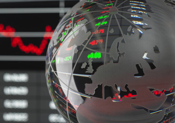 Financial Markets, Globe of the world with data and graphs reflecting.