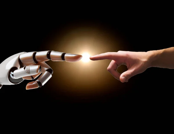 A robot hand points to a human hand. Artificial intelligence concept.