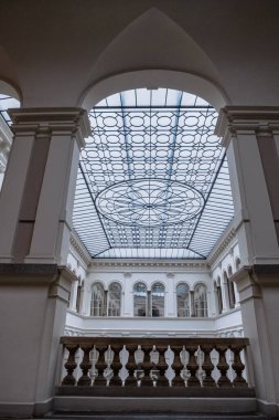 Wroclaw, Poland - December 29, 2017: Wroclaw national museum ,interior view of the white neoclassical atrium designer ceiling and arcade galleries inside the Wroclaw National Museum, Europe