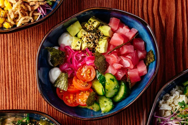 stock image hawaiian poke bowl with tuna, vegetables, rice