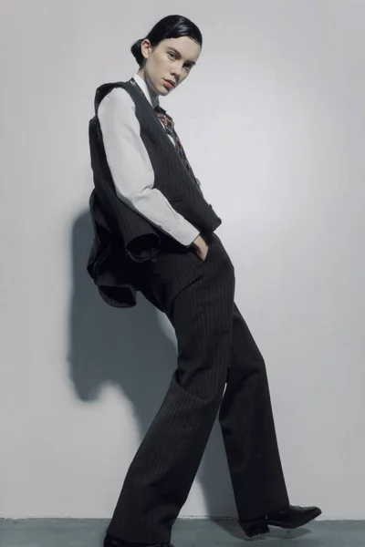 Beautiful Girl Men Black Suit White Shirt Posing Studio Standing — Stock Photo, Image