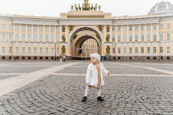 Little Stylish Fashionable Toddler Girl Palace Square Russia — Stock Photo, Image