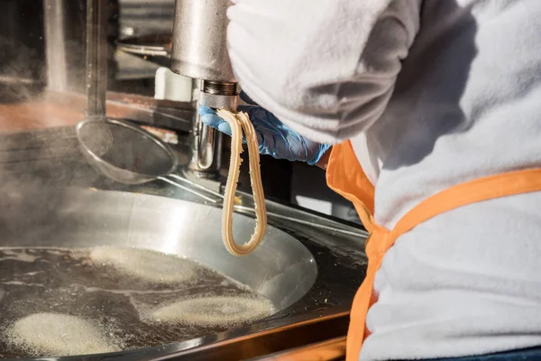Detail Worker Making Churros Industrial Metal Kitchen — Stock Photo, Image