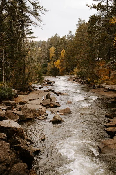 Strömender Fluss Einem Kühlen Herbstnachmittag Umgeben Von Bäumen — Stockfoto