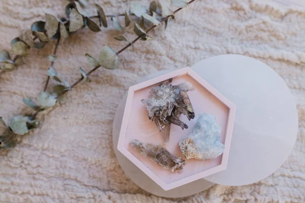 Beautiful Pink Flat Lay Crystals Crystal Dishes Eucalyptus — Stock Photo, Image