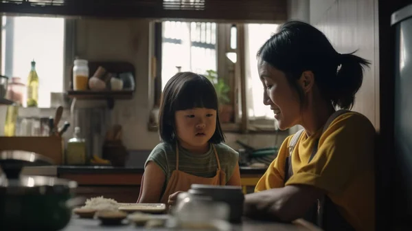 Asiático Madre Dauther Pasando Tiempo Juntos Cocina — Foto de Stock