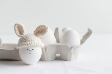 Örgü şapkalı paskalya yumurtası, beyaz arka planda yumurta kutusunda tavşan kulakları var. Yatay pankart, kopyalanmış kartpostal