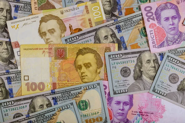 Ukrainian Money Hryvnia Cash Finance Investment American Dollars Banknotes — Stock Photo, Image