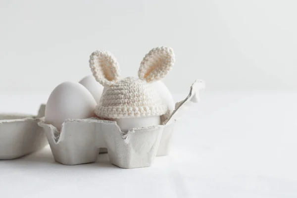 Easter Egg Crochet Hat Bunny Ears Eggbox White Background Horizontal — Stock Photo, Image