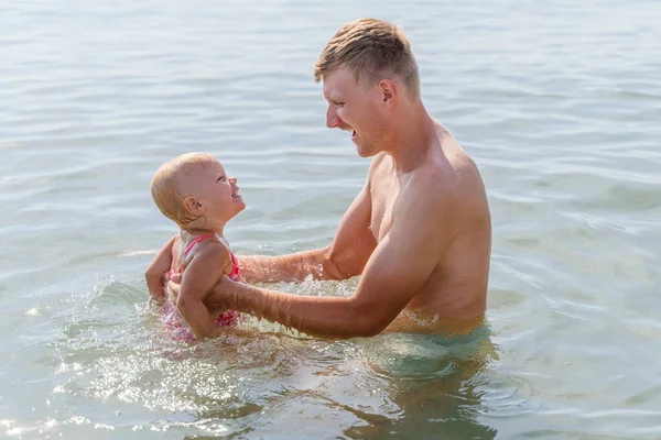Happy Man Baby Girl Toddler Sea — Stock Photo, Image