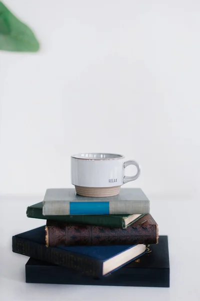 White Shelf Green Plant Old Books Spine Out Relax Mug — Stock Photo, Image