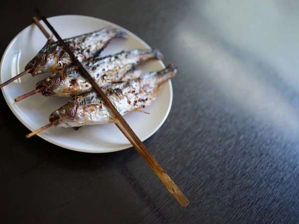 Grilled Fish Skewers Mekong River Thaifood — Fotografia de Stock
