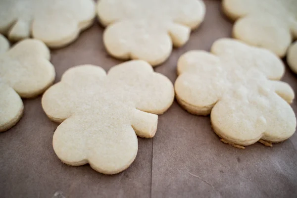Zbliżenie Fresh Pieczone Shamrock Cukier Cookie Chłodzenie Papierowej Torbie — Zdjęcie stockowe