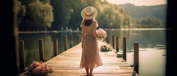 Mujer Muelle Madera Vestido Largo Verano Sombrero Que Mira Paisaje — Foto de Stock