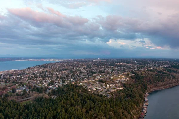 Flygfoto Över Tacoma Narrows Vid Solnedgången — Stockfoto