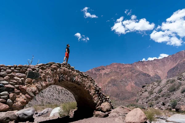 Young Male Standing Picheuta Stone Bridge Mendoza Argentina — Stock Photo, Image